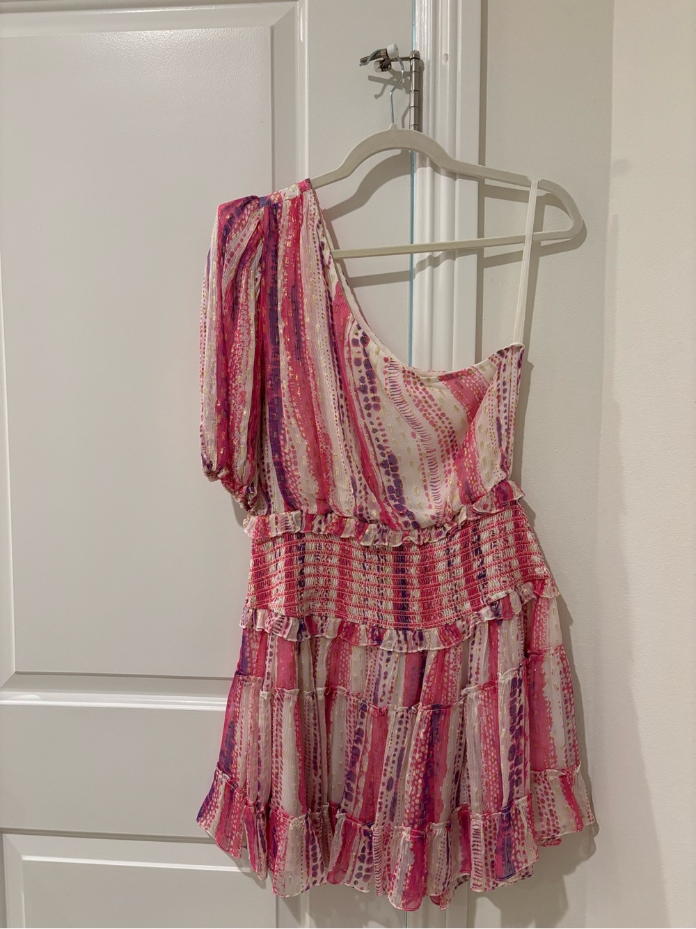 Rococo Sand One-Shoulder Pink and Purple Stripe Mini Dress